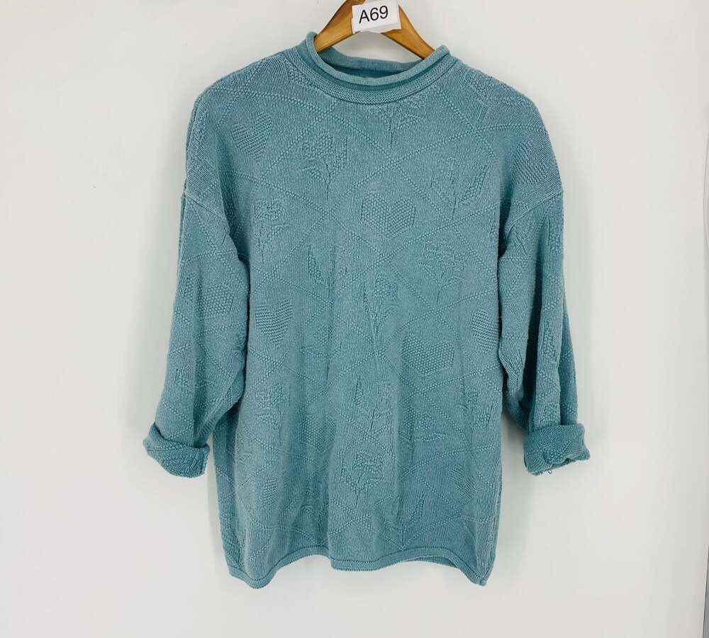 VTG Bella Cottons Sage Green Mock Neck Sweater L 100% Cotton USA Made Granola